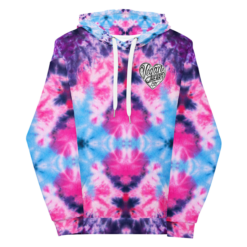 Vegan Heart Tie-Dye Unisex Hoodie | Blue Pink Bloom