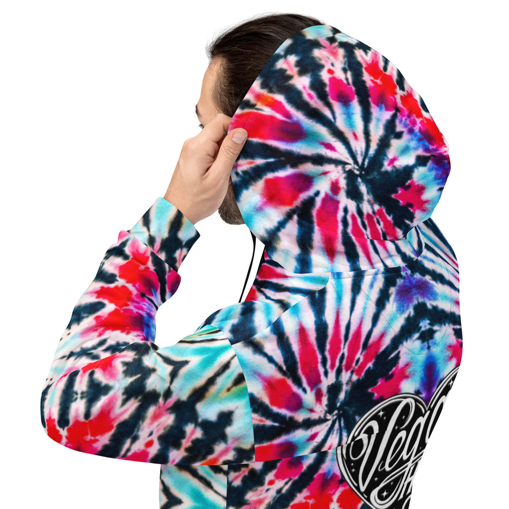 Vegan Heart Tie-Dye Unisex Hoodie | Red Aqua Obsidian Spiral