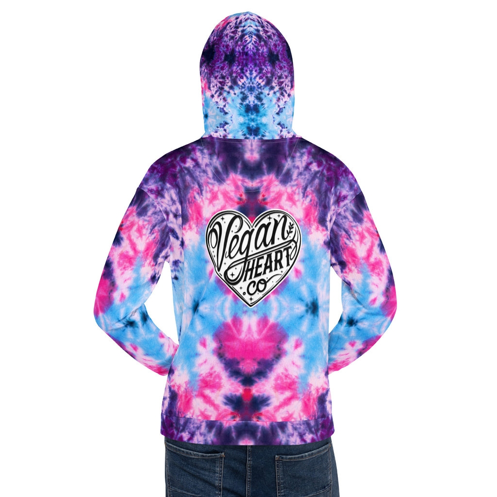 Vegan Heart Tie-Dye Unisex Hoodie | Blue Pink Bloom