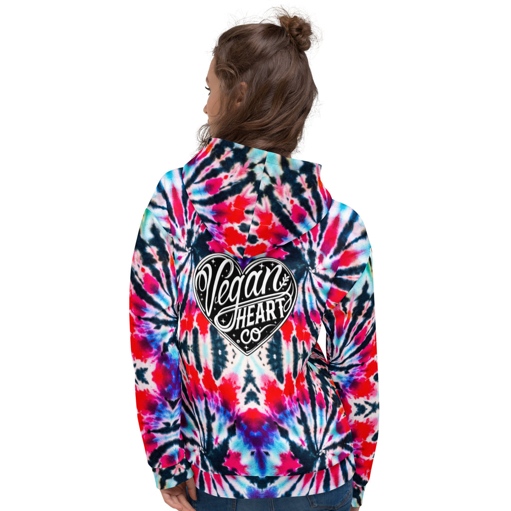 Vegan Heart Tie-Dye Unisex Hoodie | Red Aqua Obsidian Spiral