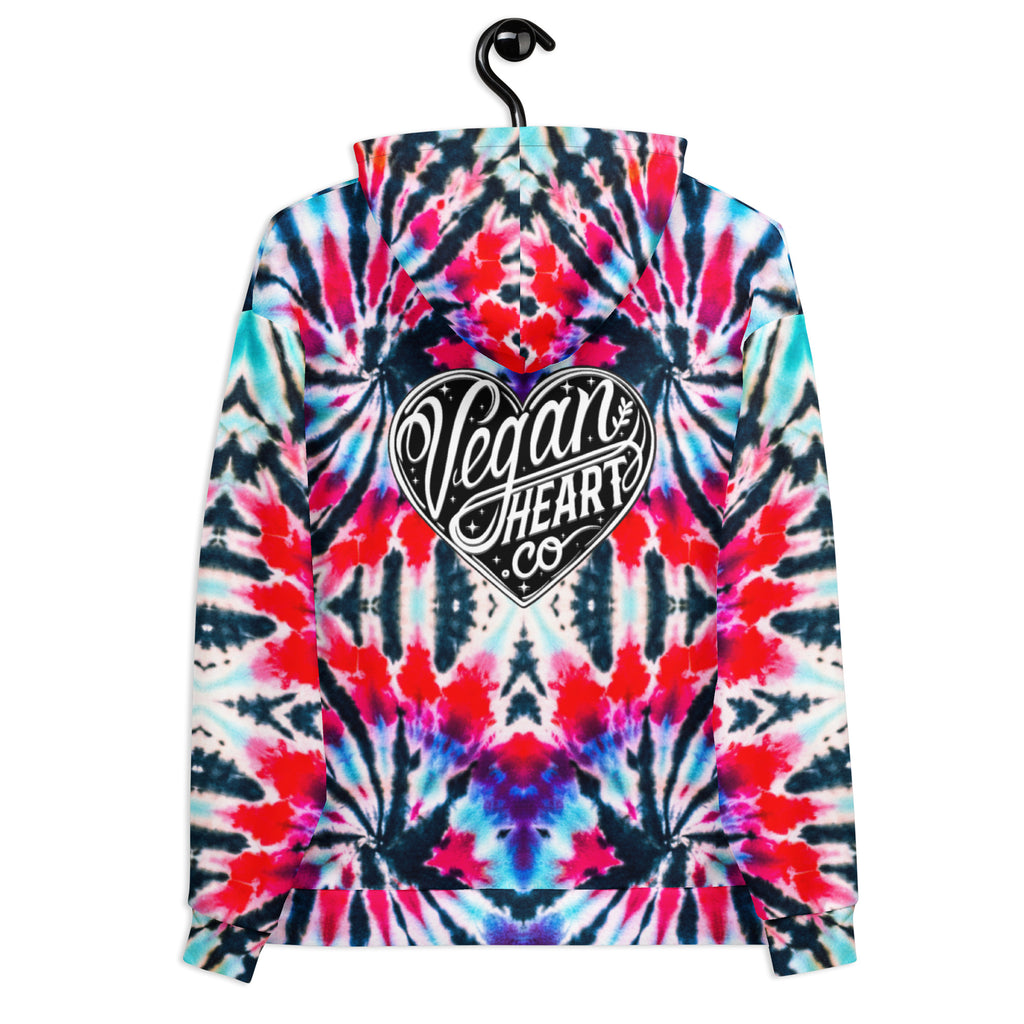 Vegan Heart Tie-Dye Unisex Hoodie | Red Aqua Obsidian Spiral