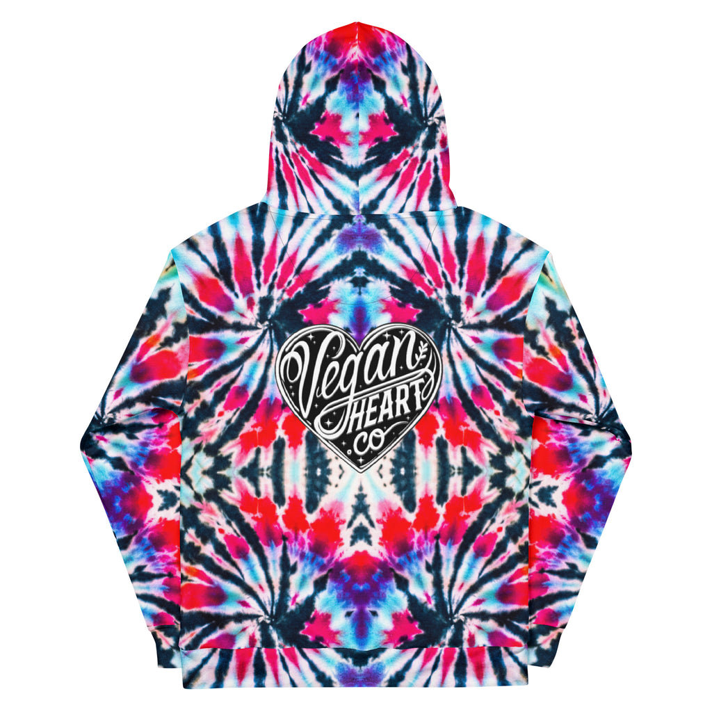 Vegan Heart Tie-Dye Unisex Hoodie | Red Aqua Obsidian Spiral