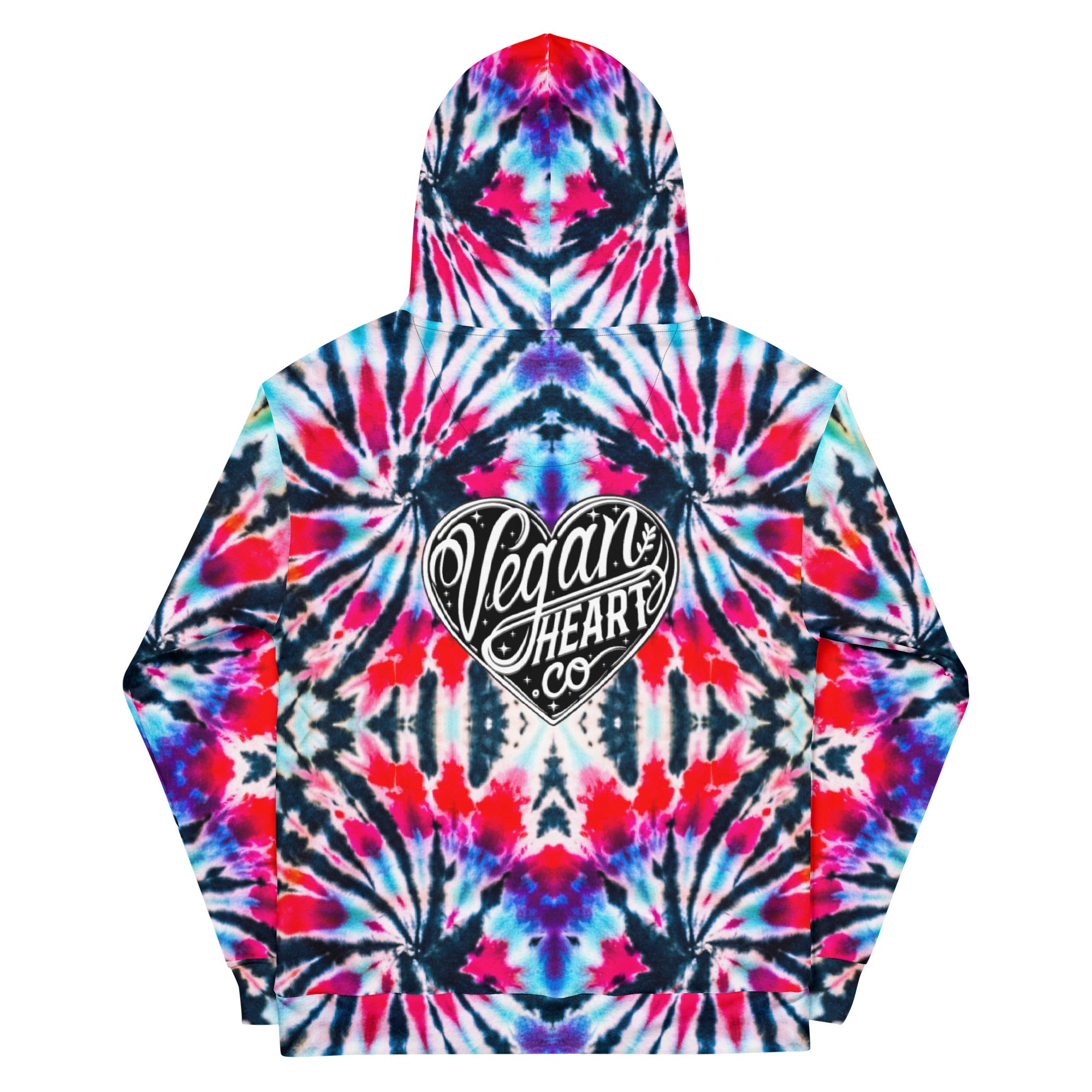 Vegan Heart Tie-Dye Unisex Hoodie | Red Aqua Obsidian Spiral