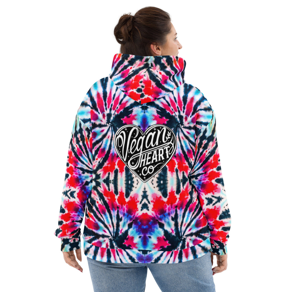 Vegan Heart Tie-Dye Unisex Hoodie | Red Aqua Obsidian Spiral