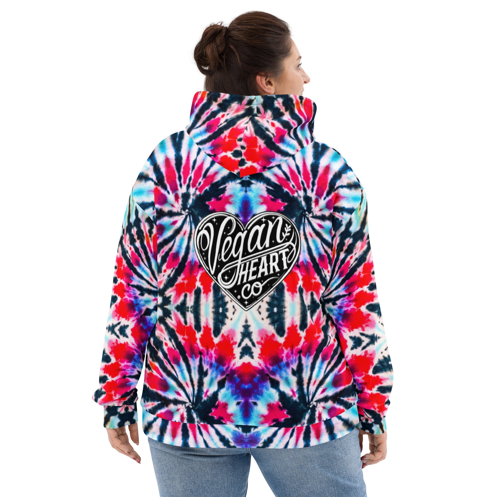 Vegan Heart Tie-Dye Unisex Hoodie | Red Aqua Obsidian Spiral