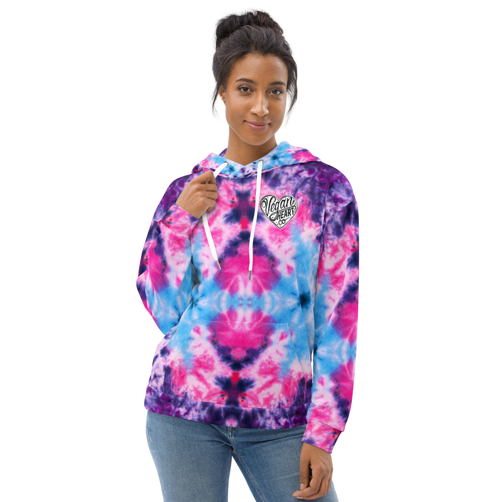 Vegan Heart Tie-Dye Unisex Hoodie | Blue Pink Bloom