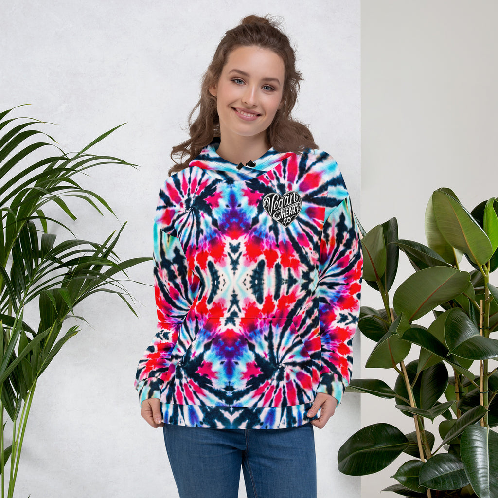 Vegan Heart Tie-Dye Unisex Hoodie | Red Aqua Obsidian Spiral