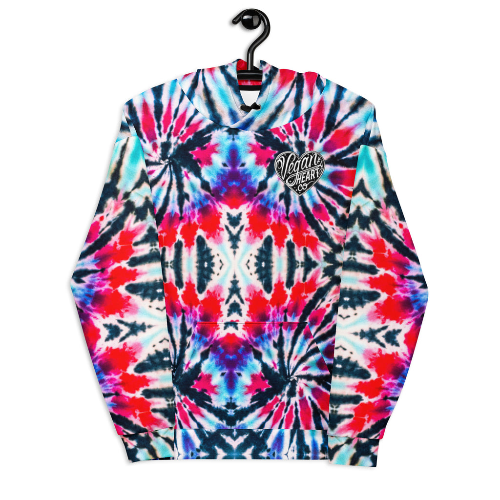 Vegan Heart Tie-Dye Unisex Hoodie | Red Aqua Obsidian Spiral