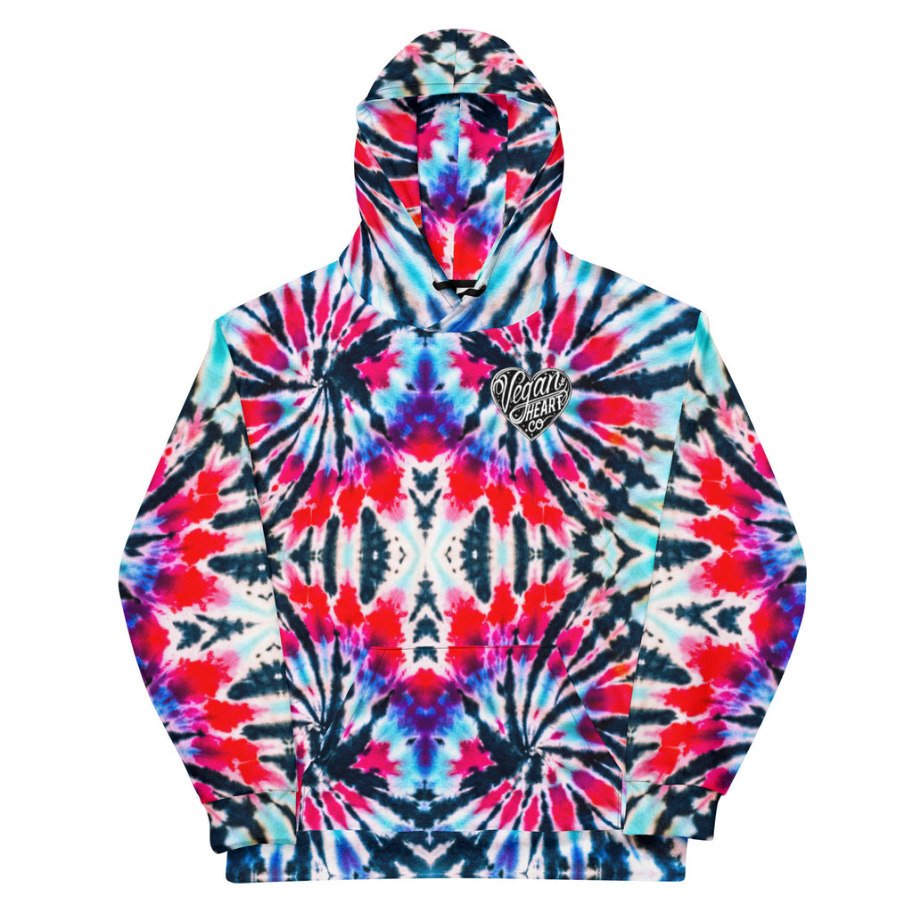 Vegan Heart Tie-Dye Unisex Hoodie | Red Aqua Obsidian Spiral