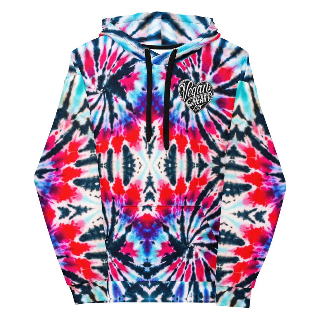Vegan Heart Tie-Dye Unisex Hoodie | Red Aqua Obsidian Spiral