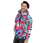 Vegan Heart Tie-Dye Unisex Hoodie | Red Aqua Obsidian Spiral