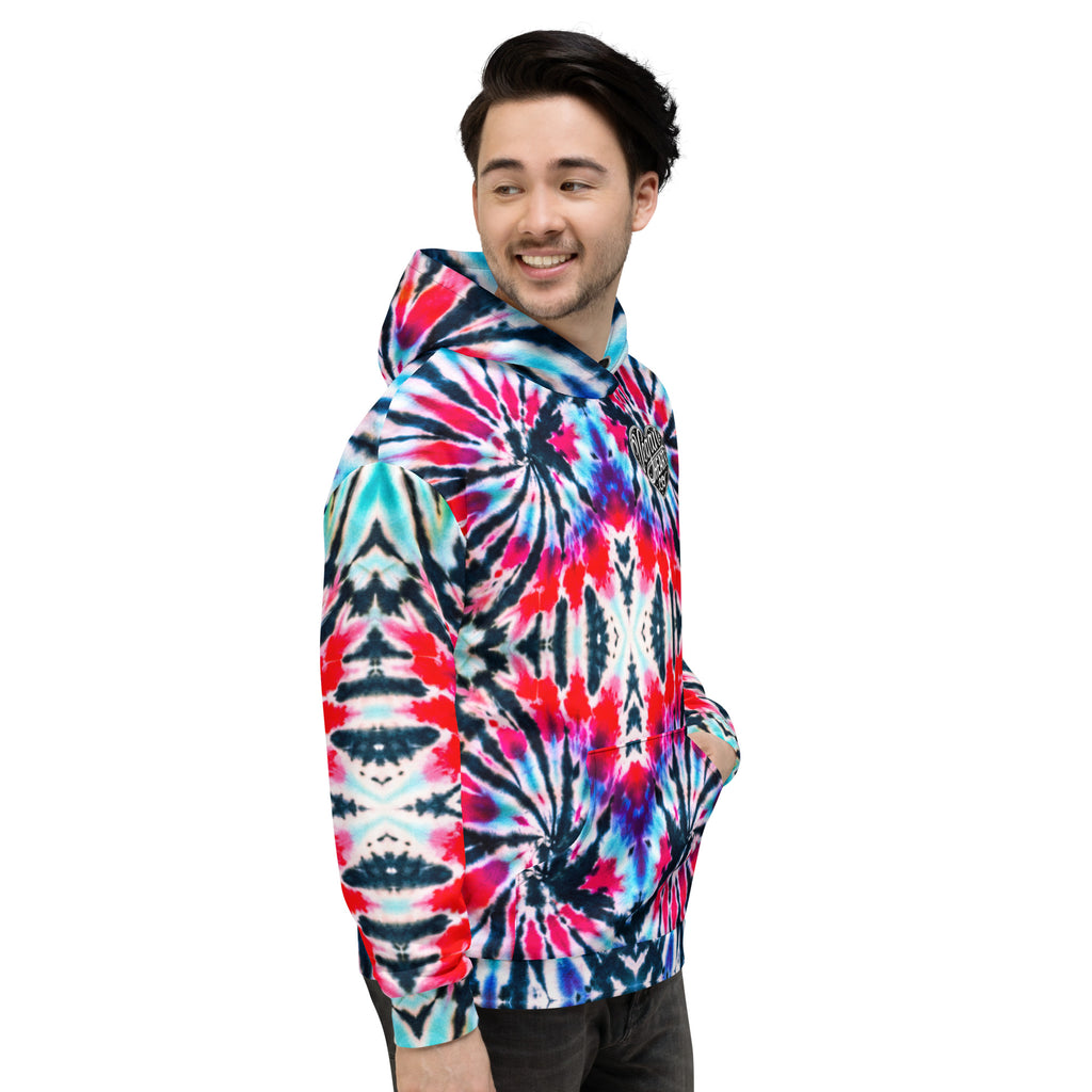 Vegan Heart Tie-Dye Unisex Hoodie | Red Aqua Obsidian Spiral