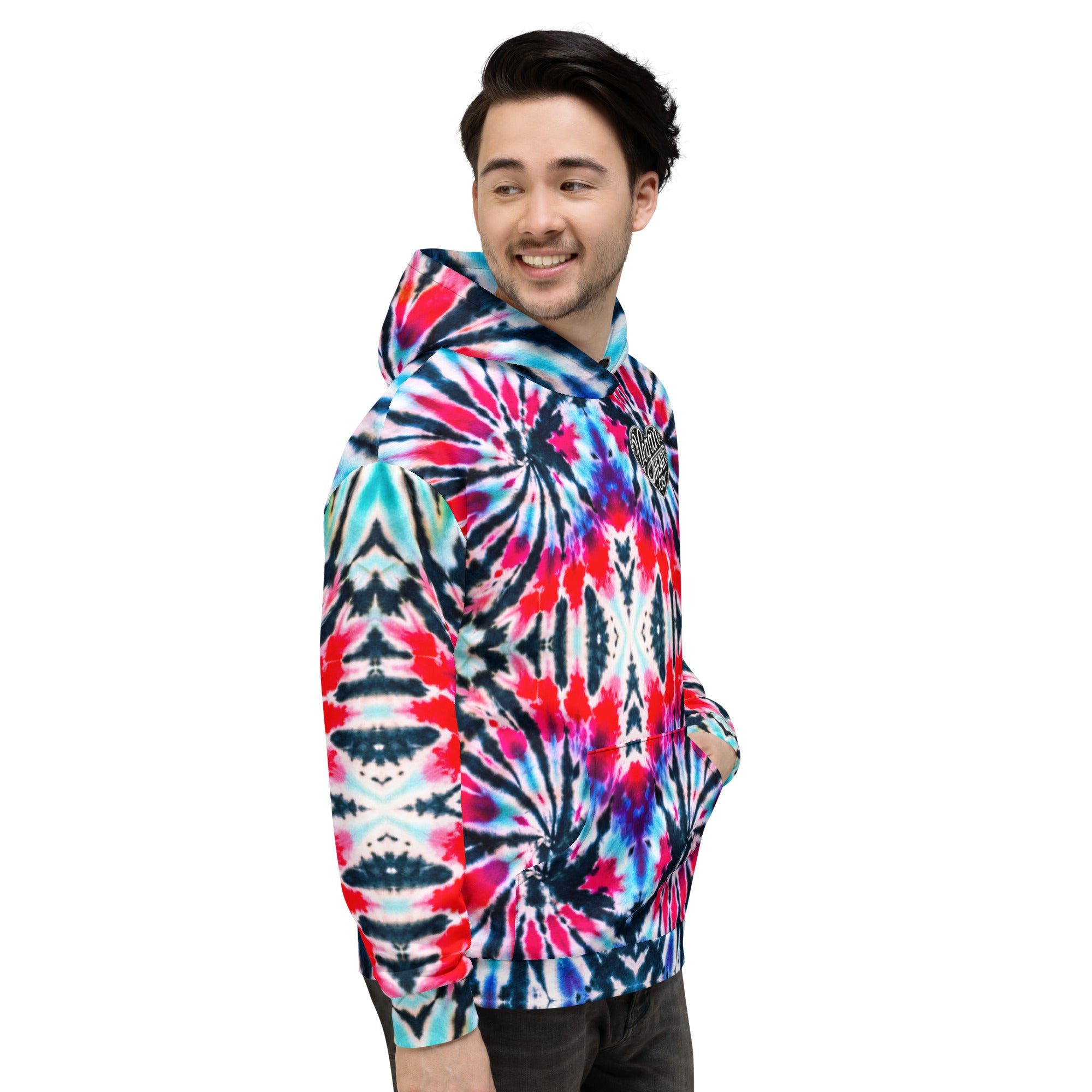 Vegan Heart Tie-Dye Unisex Hoodie | Red Aqua Obsidian Spiral